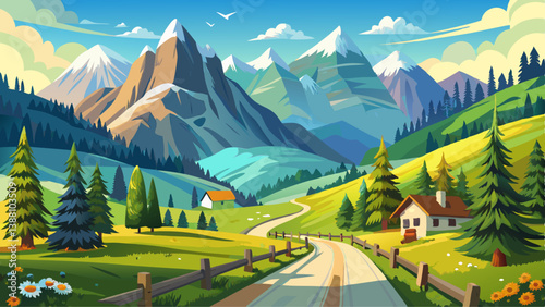 Alpine mountain scenery with country road in summer