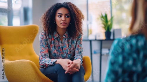 Woman Sitting in Chair Talking to Someone in Office Setting