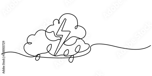 Continuous one line drawing of thundercloud and lightning symbol. Vector illustration, Concept of sadness in inclement weather, depression, stress, Single line vector illustration element. Anxiety pro