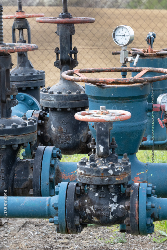 Fototapeta premium Gas Extraction Pipes with Valves in a Rural Field Setting
