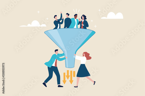 Marketing funnel or sales conversion, people or employee management, meeting brainstorm for new idea, customer purchase pipeline concept, people in sales and marketing funnel with lightbulb outcome.