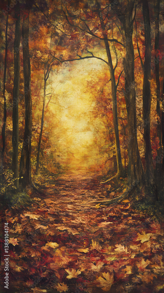 Obraz premium The Golden Tapestry of Autumn: A Serene Dance of Light and Leaves in Nature's Tranquil Symphony