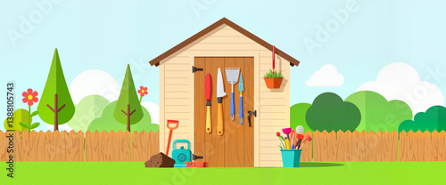 Stylized garden shed with tools in bright garden, outdoor inspiration