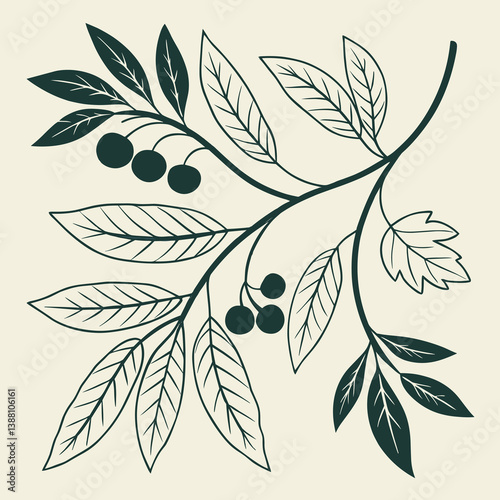 Botanical illustration of leaves and berries in dark green on beige, AI Generation