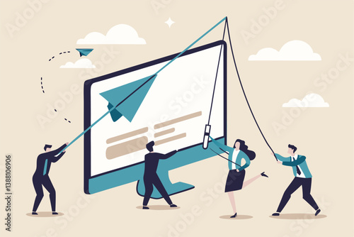 Website development, build homepage layout or html designer, SEO search engine optimization or site template creation concept, business people help carry web banner create website on computer screen.