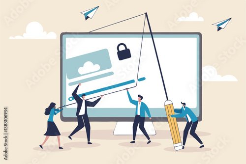Website development, build homepage layout or html designer, SEO search engine optimization or site template creation concept, business people help carry web banner create website on computer screen.