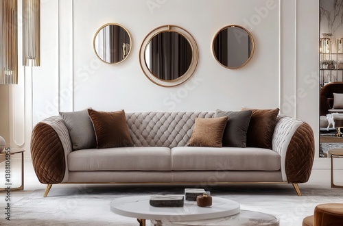 Luxury House Apartment Interior Living Room Minimalist Design White Sofa Round Glass Mirror Mockup in wall
