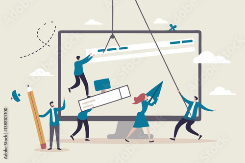 Website development, build homepage layout or html designer, SEO search engine optimization or site template creation concept, business people help carry web banner create website on computer screen.