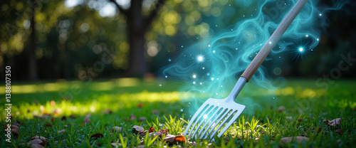 Magical garden rake sparkling in enchanted grass, whimsical wonder