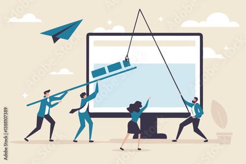 Website development, build homepage layout or html designer, SEO search engine optimization or site template creation concept, business people help carry web banner create website on computer screen.