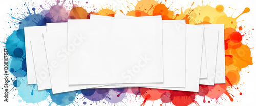 Colorful paper mockup arrangement on artistic workspace, creative design