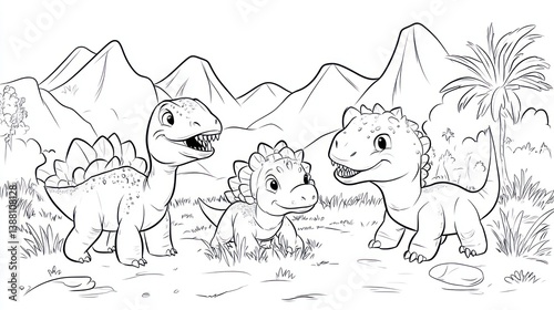 Fototapeta Naklejka Na Ścianę i Meble -  Cute dinosaurs coloring page, mountains, palm tree, prehistoric creatures, children's book