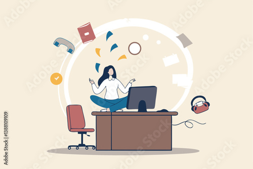 Distraction at work, annoyed disturb notifications, noise or trouble to focus or concentrate, inattention alert in the office, focus concept, businesswoman meditate protect distractions office desk.