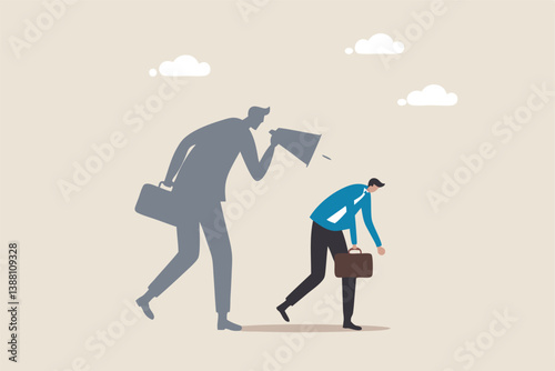 Self criticism, negative critic thinking to blame yourself, guilt or depression to rant or inner anxiety, anger or stress psychology concept, depressed businessman self shadow blame with megaphone.