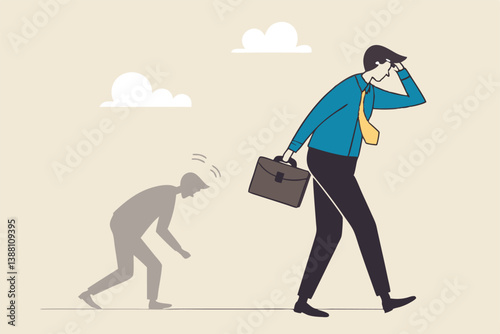 Self criticism, negative critic thinking to blame yourself, guilt or depression to rant or inner anxiety, anger or stress psychology concept, depressed businessman self shadow blame with megaphone.
