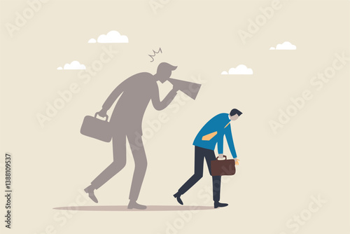 Self criticism, negative critic thinking to blame yourself, guilt or depression to rant or inner anxiety, anger or stress psychology concept, depressed businessman self shadow blame with megaphone.