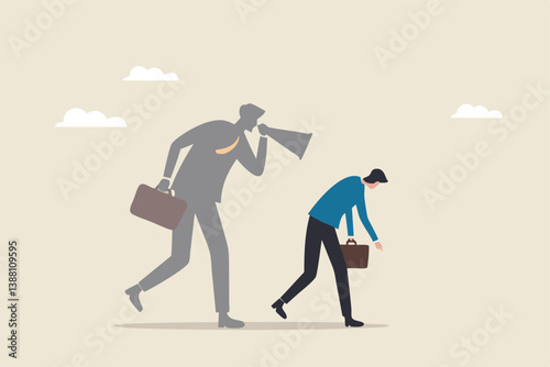 Self criticism, negative critic thinking to blame yourself, guilt or depression to rant or inner anxiety, anger or stress psychology concept, depressed businessman self shadow blame with megaphone.