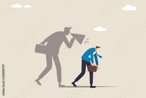 Self criticism, negative critic thinking to blame yourself, guilt or depression to rant or inner anxiety, anger or stress psychology concept, depressed businessman self shadow blame with megaphone.