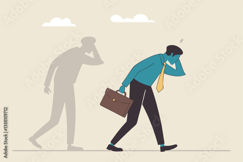 Self criticism, negative critic thinking to blame yourself, guilt or depression to rant or inner anxiety, anger or stress psychology concept, depressed businessman self shadow blame with megaphone.
