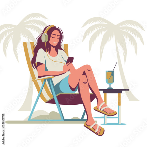 Girl with headphones sitting in a sun lounger on the beach and drinking a drink. Vector illustration