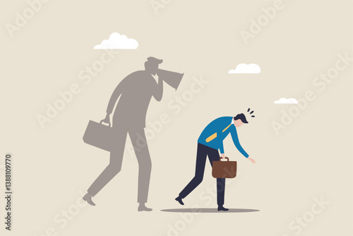 Self criticism, negative critic thinking to blame yourself, guilt or depression to rant or inner anxiety, anger or stress psychology concept, depressed businessman self shadow blame with megaphone.