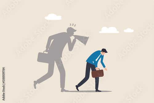 Self criticism, negative critic thinking to blame yourself, guilt or depression to rant or inner anxiety, anger or stress psychology concept, depressed businessman self shadow blame with megaphone.