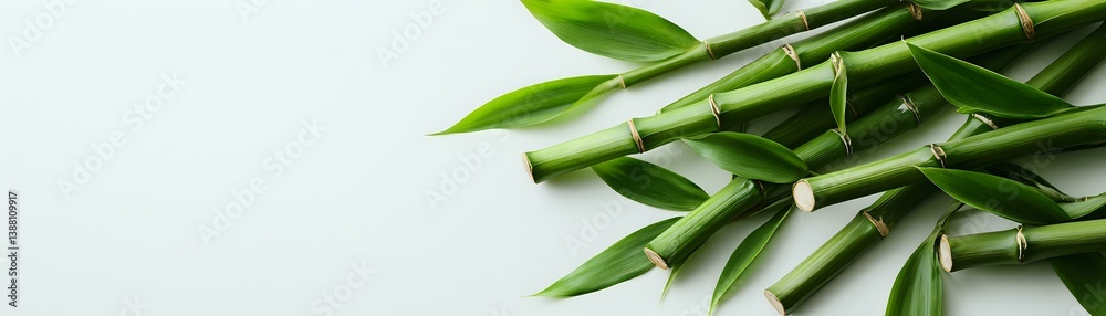 Fototapeta premium Fresh green bamboo stems and leaves arranged on white background, creating minimalist zen composition for wellness and spa concepts. Natural organic design element.