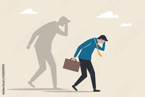 Self criticism, negative critic thinking to blame yourself, guilt or depression to rant or inner anxiety, anger or stress psychology concept, depressed businessman self shadow blame with megaphone.
