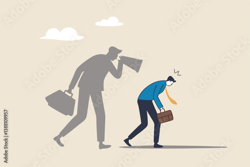 Self criticism, negative critic thinking to blame yourself, guilt or depression to rant or inner anxiety, anger or stress psychology concept, depressed businessman self shadow blame with megaphone.