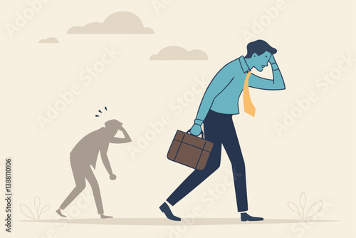Self criticism, negative critic thinking to blame yourself, guilt or depression to rant or inner anxiety, anger or stress psychology concept, depressed businessman self shadow blame with megaphone.