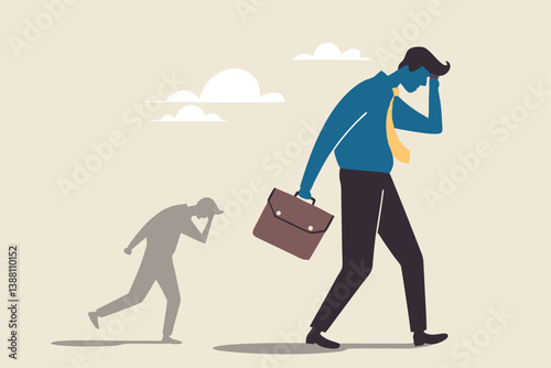 Self criticism, negative critic thinking to blame yourself, guilt or depression to rant or inner anxiety, anger or stress psychology concept, depressed businessman self shadow blame with megaphone.