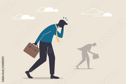 Self criticism, negative critic thinking to blame yourself, guilt or depression to rant or inner anxiety, anger or stress psychology concept, depressed businessman self shadow blame with megaphone.