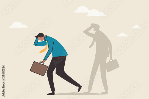 Self criticism, negative critic thinking to blame yourself, guilt or depression to rant or inner anxiety, anger or stress psychology concept, depressed businessman self shadow blame with megaphone.