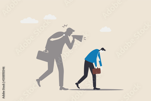 Self criticism, negative critic thinking to blame yourself, guilt or depression to rant or inner anxiety, anger or stress psychology concept, depressed businessman self shadow blame with megaphone.