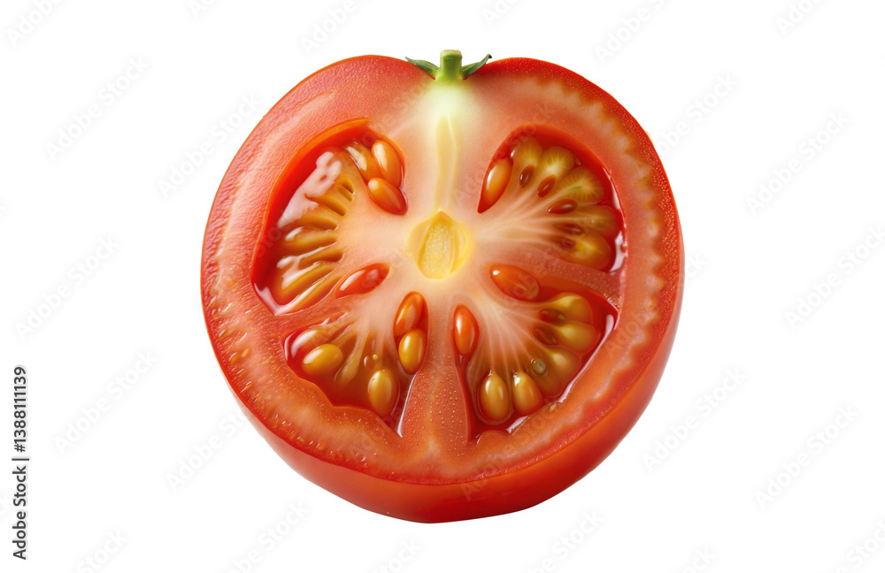 A perfectly ripe red tomato sliced in half showing seeds and juicy interior detail against a white background A perfectly ripe red tomato sliced in half showing seeds and juicy interior detail against a white background