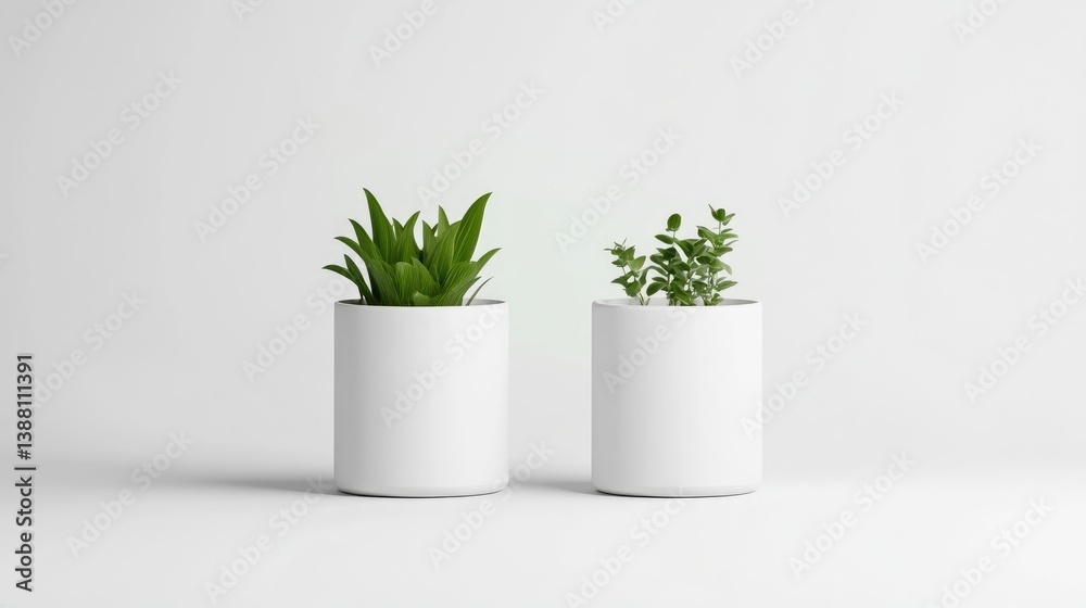 Fototapeta premium Two small plants sit in simple white cylindrical pots. The image is minimalist, featuring a clean white background. The lighting is even and bright, enhancing the plants vibrant green hues. The style