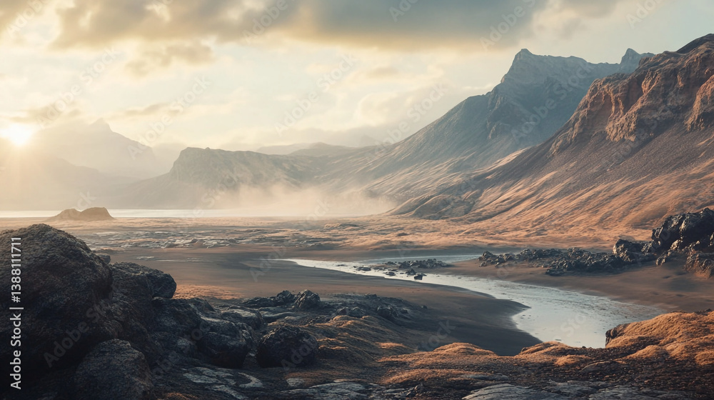 Fototapeta premium A scenic landscape with mountains, a river, and rocks under a cloudy sky at sunrise or sunset time