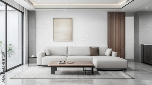 Luxury House Apartment Interior Living Room Minimalist Design White Sofa Painting Picture Frame Mockup in wall Premium Center Table