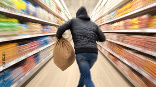 Retail crime concept with thief running inside supermarket holding brown sack, shelves blurred