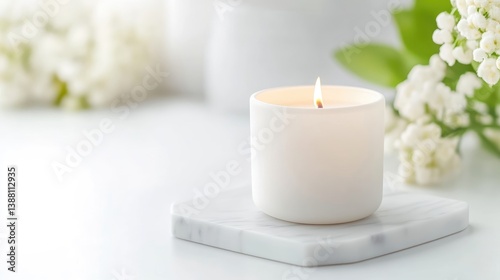 A lit white candle sits on a marble coaster. White flowers are softly blurred in the background. The image is high-quality, with soft lighting. It has a minimalist, serene aesthetic. Soft whites a