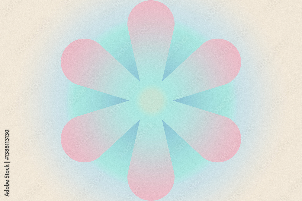 Psychedelic geometric flower. Digital grainy, noise gradient texture. Wallpaper, print poster. Pink, blue, turquoise, beige pastel colors
