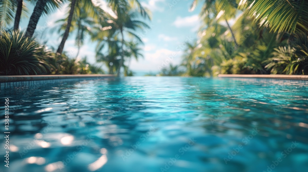 Tranquil Pool Surrounded by Palm Trees and Lounge Chairs in Tropical Resort Near Mountain Landscape