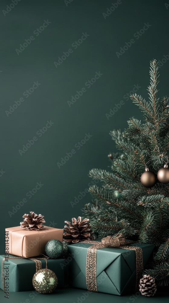 Festive Scene With Artificial Tree Gifts and Decorations in Green and Gold Tones for Winter Celebrations