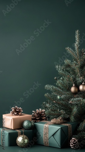 Obraz na płótnie Festive Scene With Artificial Tree Gifts and Decorations in Green and Gold Tones for Winter Celebrations w salonie