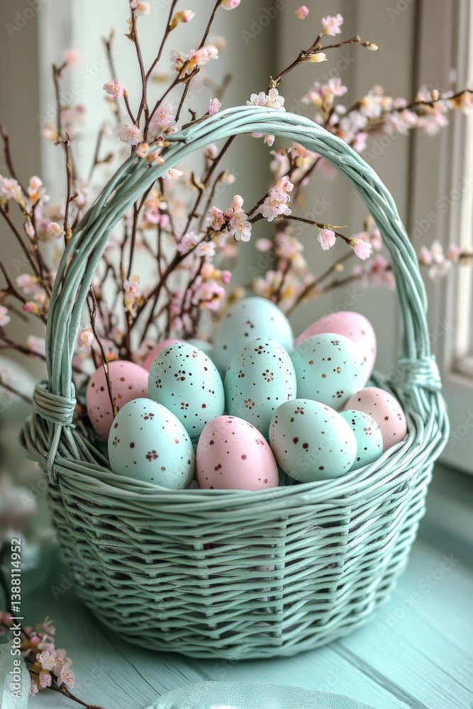 Decorative Basket With Pastel Easter Eggs and Cherry Blossoms on a Light Blue Background