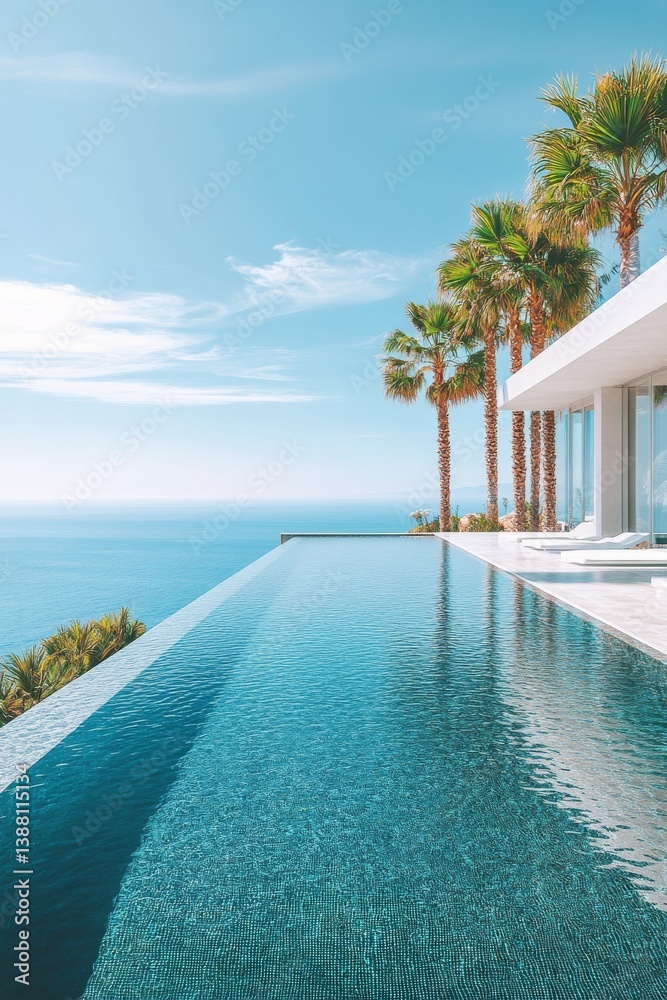 Modern Villa With Infinity Pool Overlooking Ocean During Sunny Day