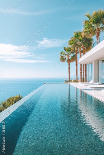 Obraz na płótnie Modern Villa With Infinity Pool Overlooking Ocean During Sunny Day w salonie