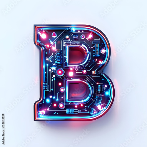 abstract background with  symbols ''B'' , Futuristic 3D Letter B With Neon Circuit Patterns