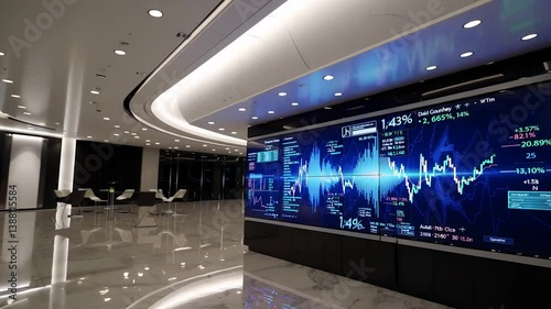 Modern Futuristic Bank Lobby with Digital Screens and Sleek Design