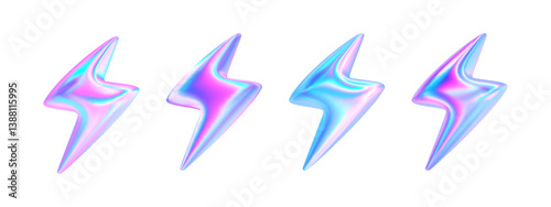 3d glass holographic lightning bolt icon. Neon flash y2k element. Thunderbolt symbol hologram effect. Flash, thunder, energy, electric abstract shape. Vector trendy illustration